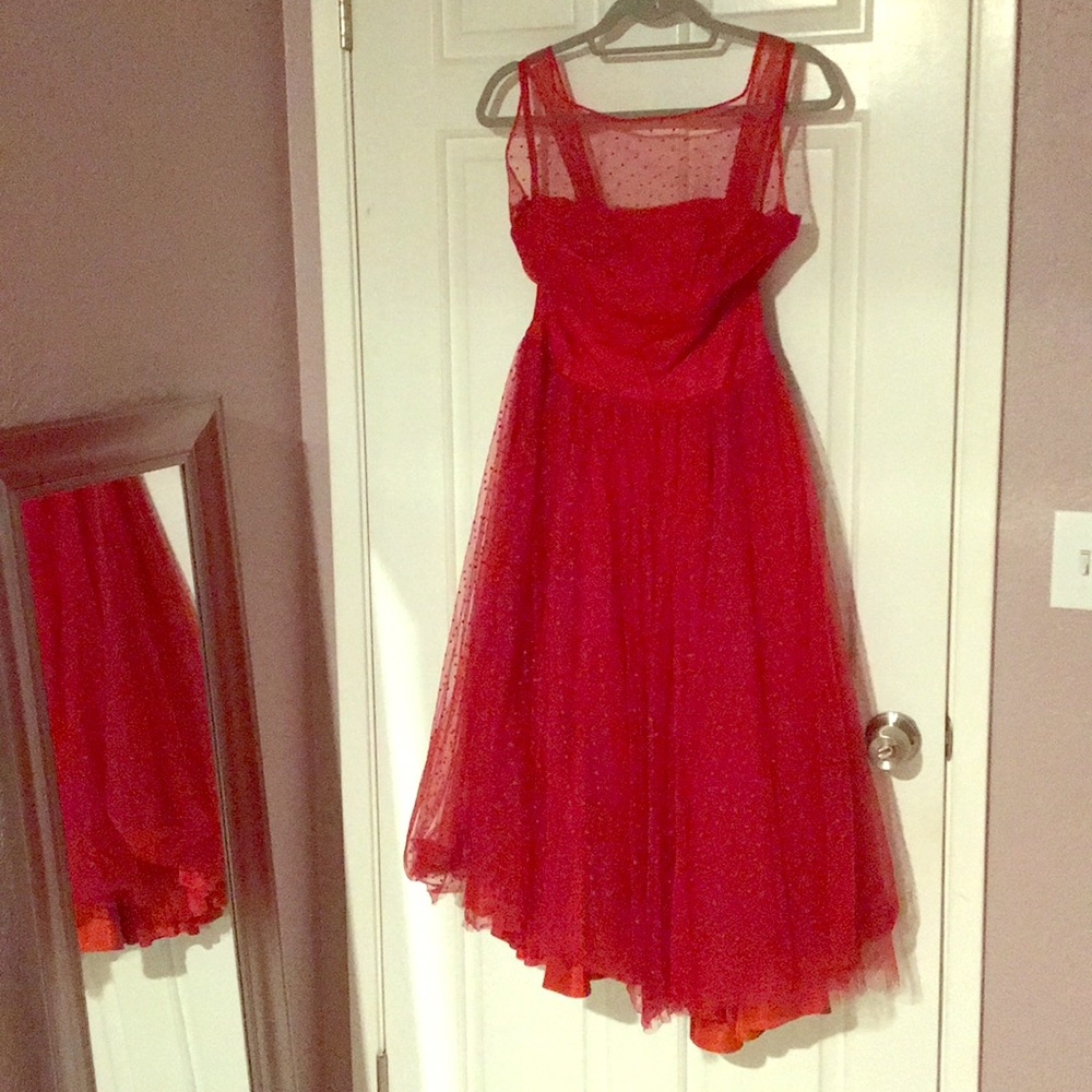 Vintage Red Dot Tea Length Tulle Dress